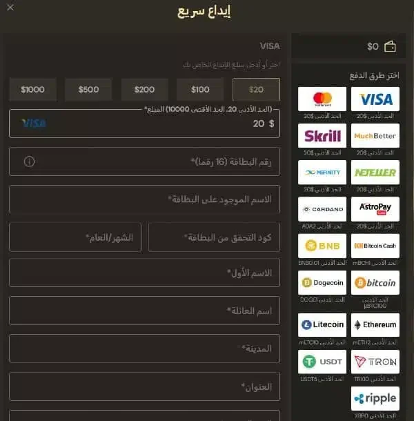 حدد طريقة الإيداع على موقع LUCKY ONES CASINO الإلكتروني
